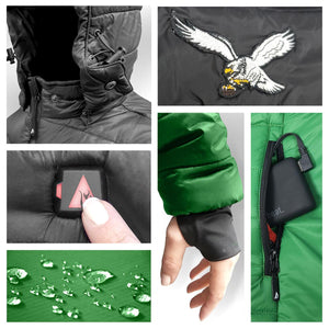 Details of heated jacket showing hood, eagle logo, power button, thumbhole cuff, battery pack, and water repellent fabric