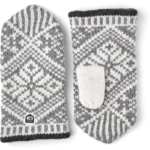 Hestra grey and white patterned wool mittens