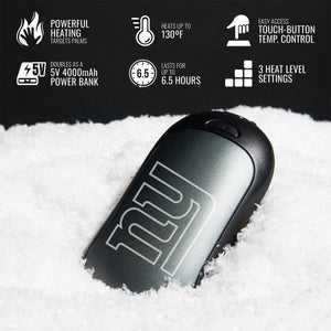 ActionHeat hand warmer with NY logo on snow with feature icons for heating power bank and temperature control