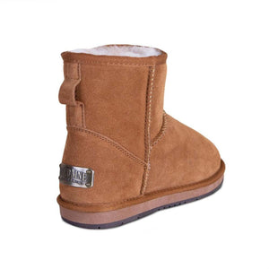 Cloud Nine Sheepskin tan suede ankle boot with white wool lining and branded heel plate