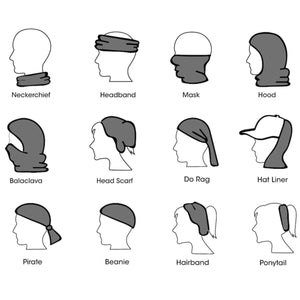 Diagram showing twelve different ways to wear a tubular bandana including neckerchief headband mask and hood