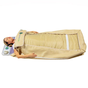 Person lying inside a HealthyLine infrared sauna blanket