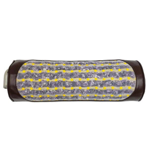 HealthyLine cylindrical bolster pillow with purple amethyst crystal inlay and yellow decorative stitching