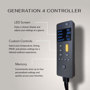Generation 4 controller with LED screen, custom controls for temperature, timer, PEMF, photon, and memory buttons