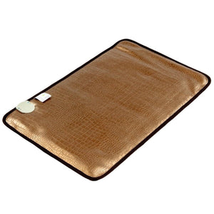 Rectangular brown heating pad with a textured crocodile skin pattern and black trim