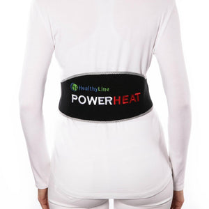 Person wearing a black HealthyLine PowerHeat back support belt over a white long sleeve shirt