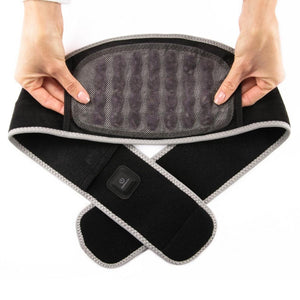 Hands holding a black HealthyLine heating belt with a mesh panel and power button