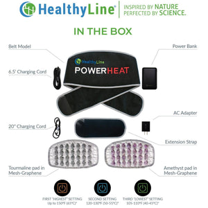 HealthyLine PowerHeat belt components including pads, power bank, cords, and temperature settings