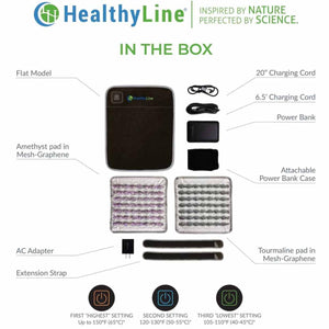 HealthyLine flat model components including amethyst and tourmaline pads, power bank, cords, and extension straps