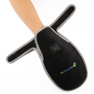 HealthyLine black heated wrist wrap with power button on white background