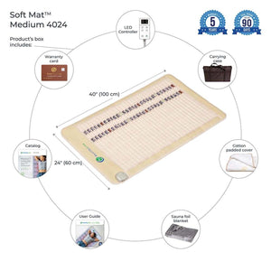 HealthyLine Soft Mat 4024 components including LED controller, warranty card, carrying case, catalog, and cover
