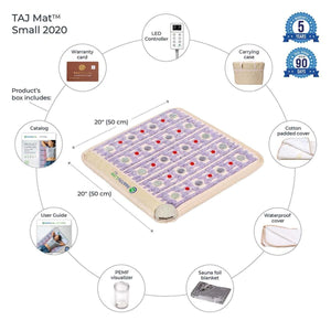 HealthyLine TAJ Mat Small 2020 components including LED controller, carrying case, covers, and accessories