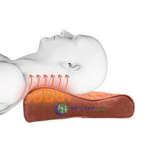 HealthyLine neck pillow showing heat therapy radiating into the neck of a human model