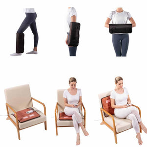 HealthyLine heating pad used on leg arm and back while sitting in a chair