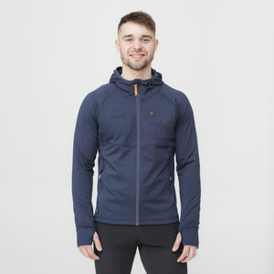 Man wearing a navy blue Heat Experience heated hoodie with orange zipper detail