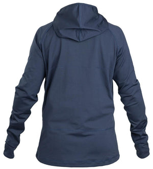 Back view of a navy blue Heat Experience hooded long sleeve shirt