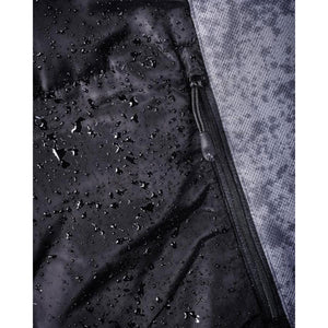 Water droplets on black Heat Experience jacket fabric with zipper detail
