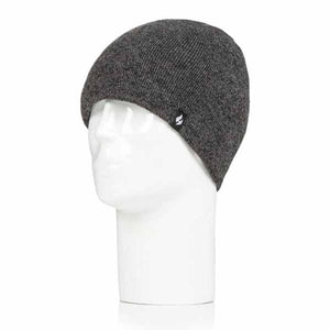 Charcoal grey knit beanie on a white mannequin head