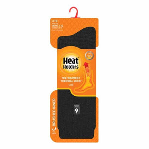 Heat Holders Lite thermal sock packaging with black sock and orange branding