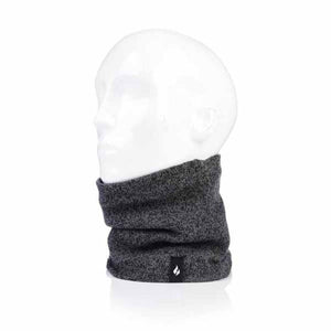 Grey knit neck warmer on a white mannequin head with a flame logo tag