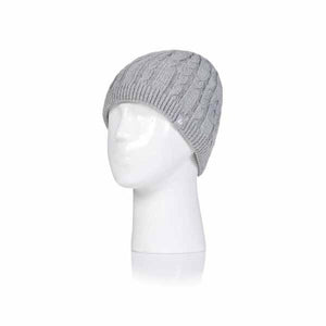 Heat Holders grey cable knit beanie on a white mannequin head