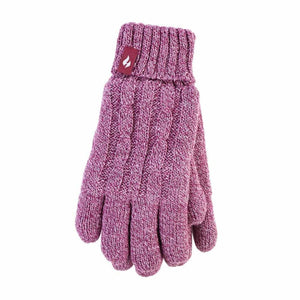 Heat Holders cable knit glove in heathered purple with ribbed cuff and logo tab