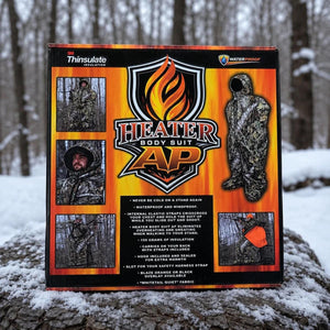 Heater Body Suit product packaging box with product features and camouflage imagery