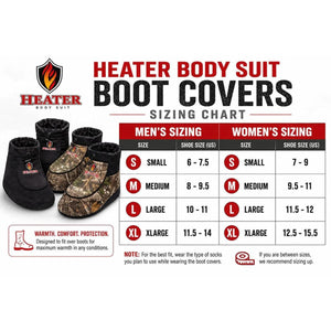 Heater Body Suit boot cover sizing chart for men and women with US shoe size conversions