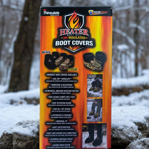 Heater Body Suit boot covers product packaging with features listed and images of covers in black and camo