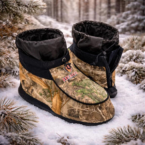Heater Body Suit camouflage insulated hunting boots on snowy ground