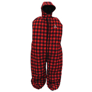 Red and black buffalo plaid hooded sleeping bag suit with front zipper
