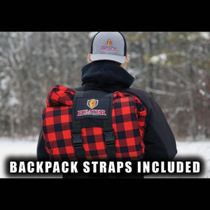 Person wearing a red and black plaid Heater Body Suit rolled into a backpack with straps