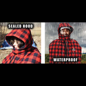 Heater Body Suit red and black plaid hooded garment demonstrating sealed hood and waterproof features