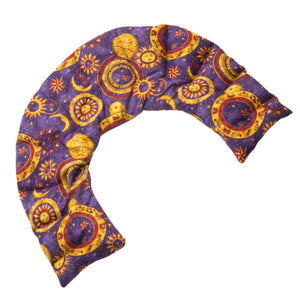 Heaven's Therapy crescent shaped neck heating pad with purple sun and moon celestial print