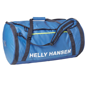 Blue Helly Hansen duffel bag with black straps and white logo