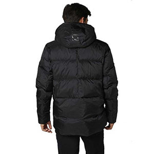 Back view of a person wearing a black Helly Hansen hooded puffer jacket