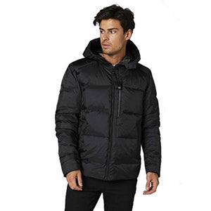 Man wearing a black Helly Hansen hooded puffer jacket