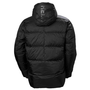 Back view of a black Helly Hansen puffer jacket with a hooded collar