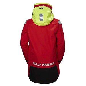 Back view of Helly Hansen red sailing jacket with high visibility yellow hood and reflective details