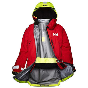 Helly Hansen red sailing jacket with high visibility yellow hood and trim