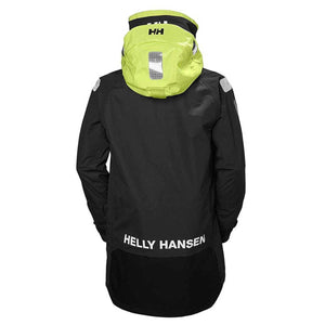 Back view of a black Helly Hansen sailing jacket with a high-visibility yellow hood and reflective patches