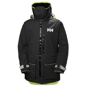 Helly Hansen black waterproof sailing jacket with high collar and neon yellow accents