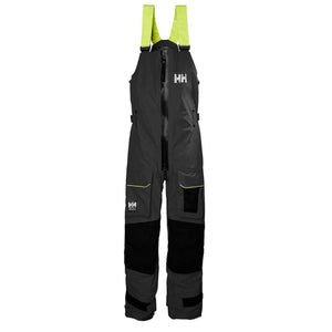 Helly Hansen grey and black waterproof bib trousers with neon yellow straps