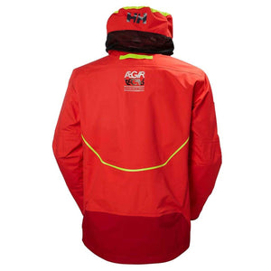 Back view of Helly Hansen Aegir Ocean Race sailing jacket in red with high visibility yellow trim