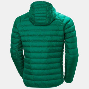 Back view of a green Helly Hansen hooded puffer jacket
