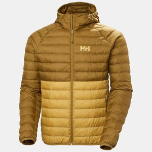 Helly Hansen two tone brown hooded down jacket with front zipper and HH logo