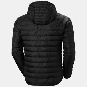 Back view of a black Helly Hansen hooded puffer jacket