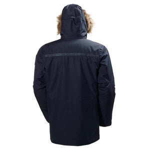 Back view of Helly Hansen navy parka with faux fur hood