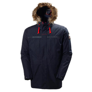 Helly Hansen navy blue parka with faux fur hood and red drawstring details