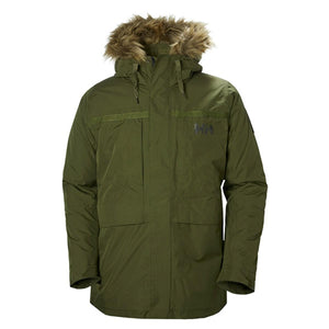 Helly Hansen olive green parka with faux fur hood